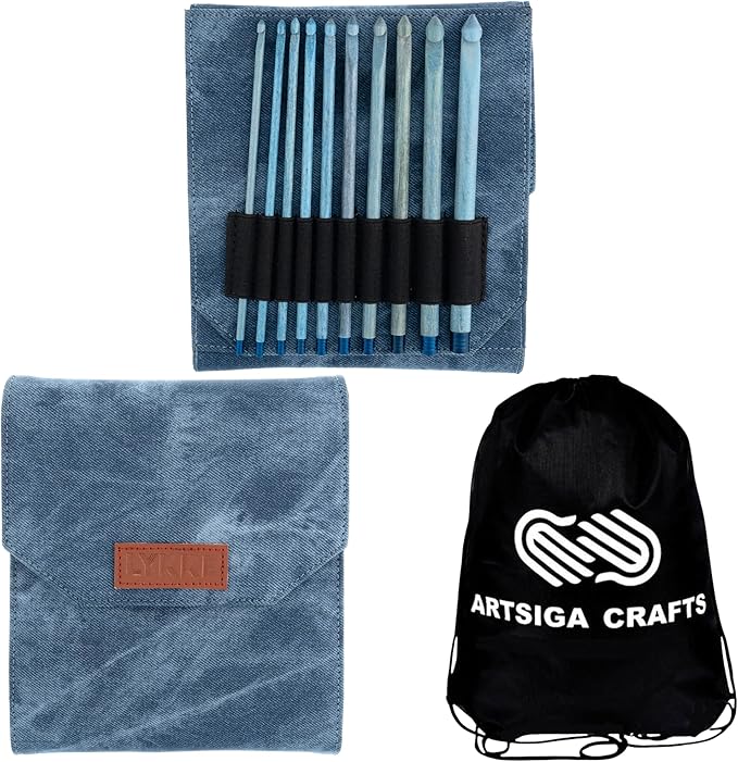 Lykke Indigo 6 in. Set Sizes 3.5, 3.75, 4.0, 4.5, 5.0, 5.5, 6.0, 6.5, 8.0, 9mm Crochet Hooks for Sport, Baby, DK, Worsted, Chunky Yarn, Birchwood with Azure DM Case, Project Bag