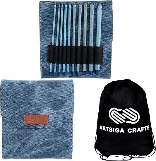 Lykke Indigo 6 in. Set Sizes 3.5, 3.75, 4.0, 4.5, 5.0, 5.5, 6.0, 6.5, 8.0, 9mm Crochet Hooks for Sport, Baby, DK, Worsted, Chunky Yarn, Birchwood with Azure DM Case, Project Bag