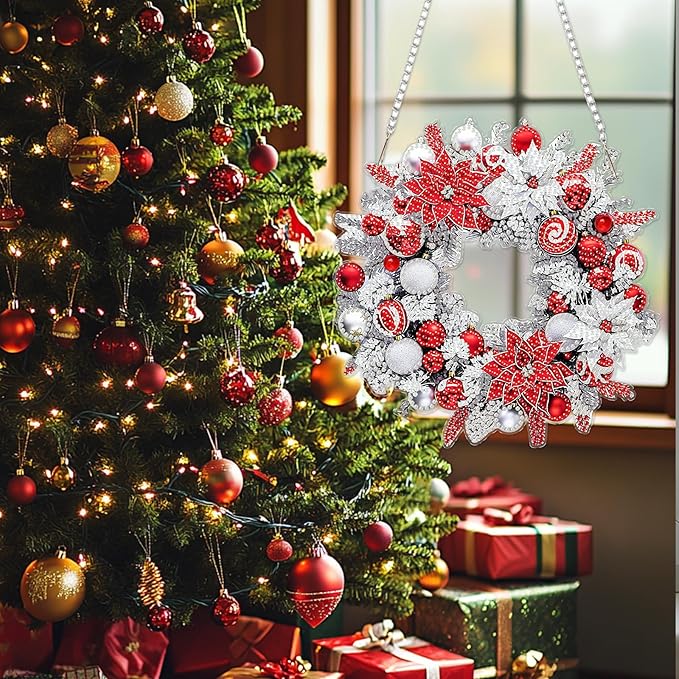SENQAO Christmas Diamond Art Hanging Kits for Adults Kids, Christmas Wreath Diamond Art Suncatchers, 5D Special Shape Diamond Painting Pendant Window Ornament Gifts for Home Door Wall Decor