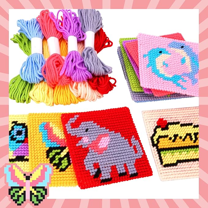 Pllieay Kids 10-in-1 Cross Stitch Beginner Kit for Kids, Includes Instruction of 10 Different Patterns, 10 Blank Plastic Canvas for Needlework, and 14 Colored Threads, Needlepoint Starter Sewing Set