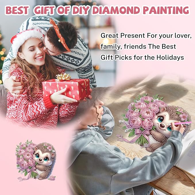 Bowetile Hedgehog Diamond Art Hanging Kits for Adults, Diamond Art Suncatchers Flowers, 5D Special Shape Diamond Painting Pendant Window Ornament Valentine's Day Gifts for Home Wall Decor