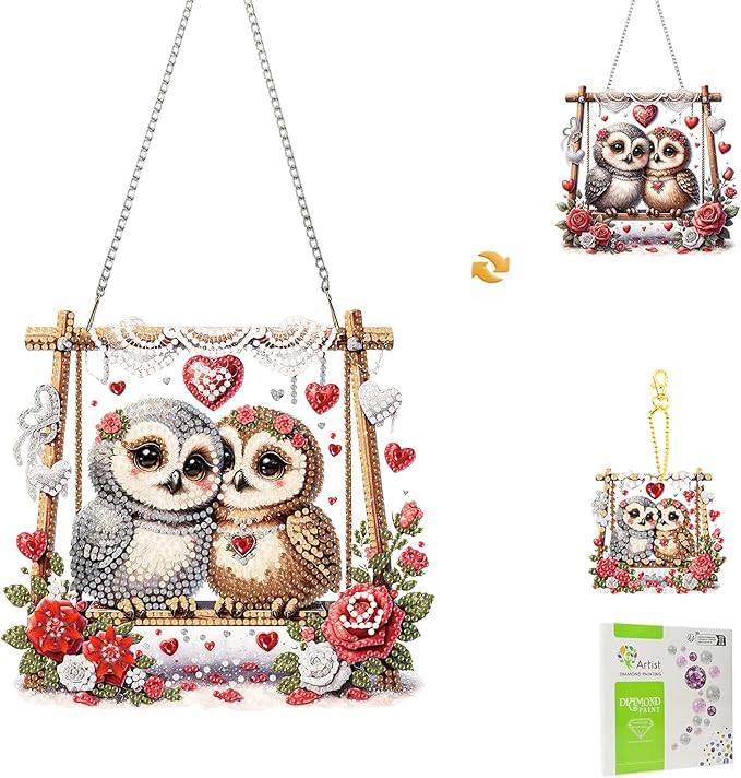 Masendp Valentine's Day Owl Diamond Painting Double-Sided Hanging Ornament Set, DIY Irregular Shaped Rhinestone Window Decoration Set, Suitable for Home and Garden Wall Decoration Gifts