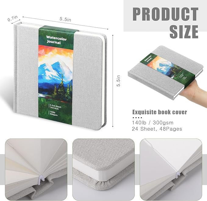 Dispowreath 5.5 x 5.5 in Watercolor Sketchbook Journal Square Watercolor Notebook Cold Press 140lb 300gsm Cotton Paper 48 Pages Journals Notebook Paper Pads(Milky White)