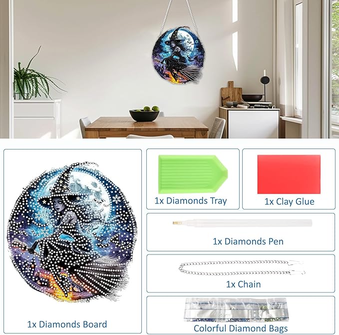 SENQAO Halloween Diamond Art Hanging Kits for Adults Beginners, DIY Acrylic 5D Special Shaped Crystal Diamond Gem Art Painting Hanging Ornament for Home Wall Decor and Gift（Retro Witch）