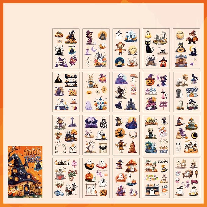 Halloween Sticker Book, 40 Sheets 240 PCS Halloween PET Stickers, Aesthetic Decorative Waterproof Holiday Scrapbook Stickers for Scrapbooking, Journaling, DIY Crafts and Planner Supplies