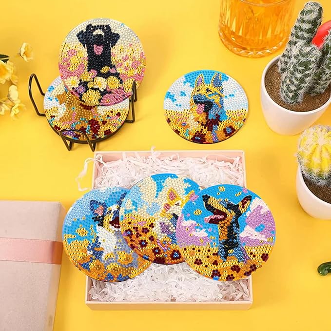 EWJRNSF 10 PCS Diamond Art Coasters Kit, Small Diamond Painting Coasters, Fall Diamond Art Kits for Adults Beginners, Arts and Crafts Supplies Item Sets with Holder Dog