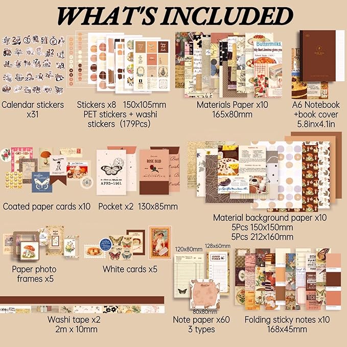 LCLAIDYDY 348 PCS Vintage Scrapbook Kit with A6 Grid Notebook, Bullet Junk Journals, DIY Gift Aesthetic Journaling Supplies for Teen Girl Women