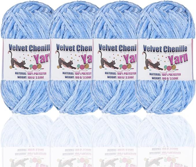 4 * 100g Fluffy Velvet Chenille Yarn for Crocheting and Knitting, Handcrafts Weaving Soft Chenille Yarn for Crocheting Clearance, Used for Making Baby Yarn Blanket, Clothes, DIY Craft (Bule)