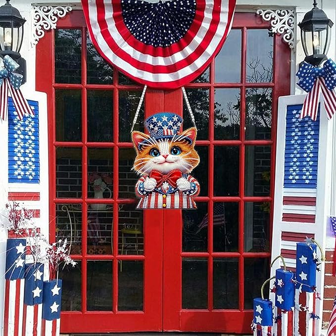DOMROM 4TH of July Diamond Art Hanging Kit for Adult, Cat Diamond Art Hanging Kit, Patriotic DIY Diamond Art, Independence Day Diamond Hanging Pendant, Window Pendants Garden Wall Hanging Ornament