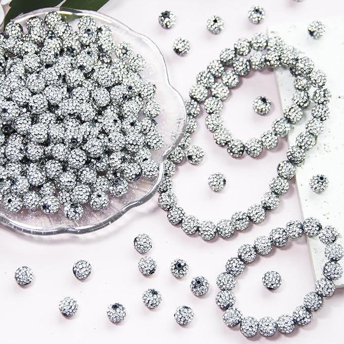 150 Pcs 10mm Rhinestone Beads for Jewelry Making, Black White Shiny Round Shamballa Disco Baseball Necklace Beads Sparkle Crystal Clay Pave Rhinestones Bead for DIY Bracelet Earring Making Supplies