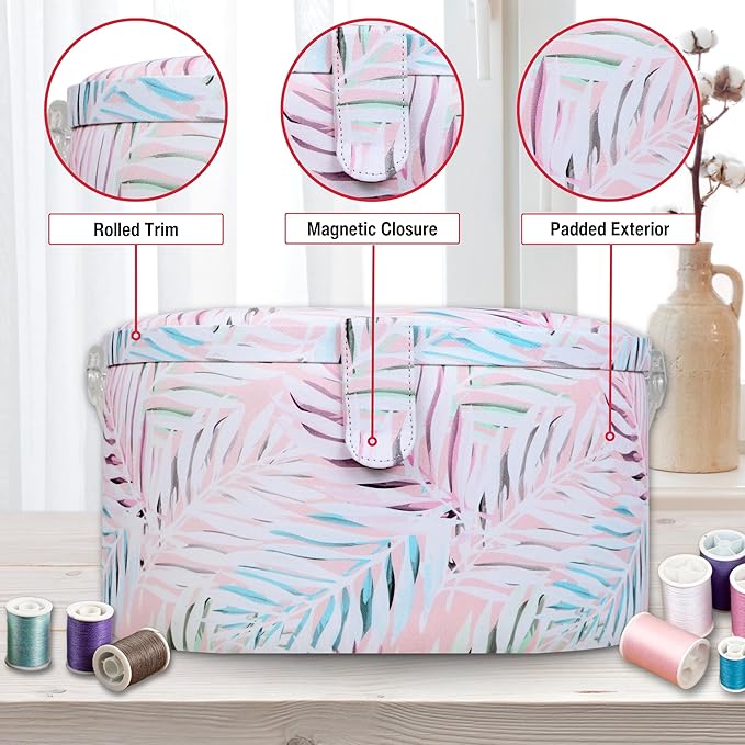 SINGER Premium Round Large Sewing Basket with Matching Zipper Pouch and Emergency Sewing Kit | 30% More Storage Volume (Pastel Palm Leaf)