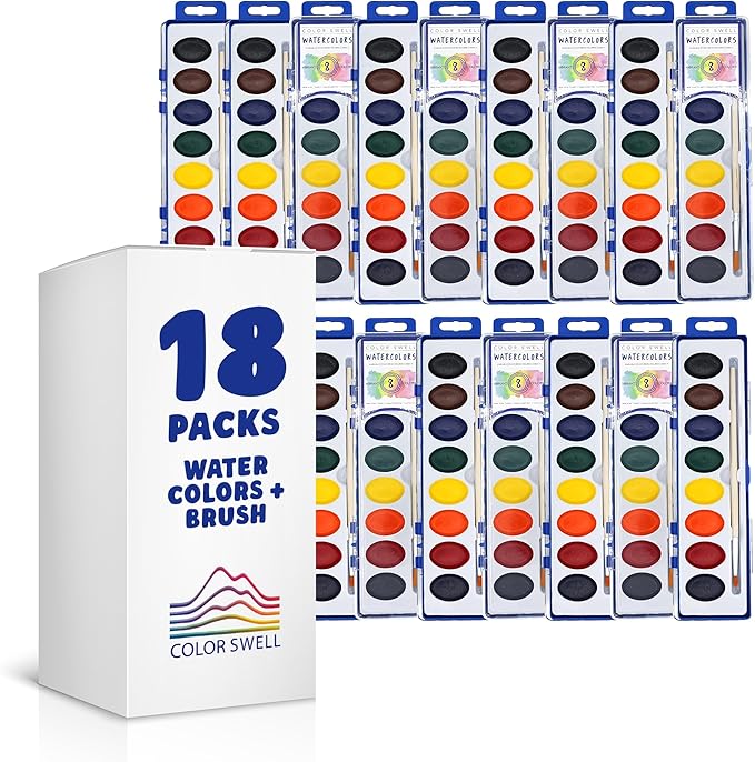color swell washable bulk watercolors, 18 pack, 8 colors, wood brush, classroom bulk pack - bulk watercolors
