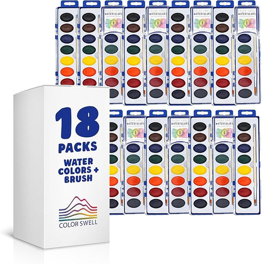 color swell washable bulk watercolors, 18 pack, 8 colors, wood brush, classroom bulk pack - bulk watercolors
