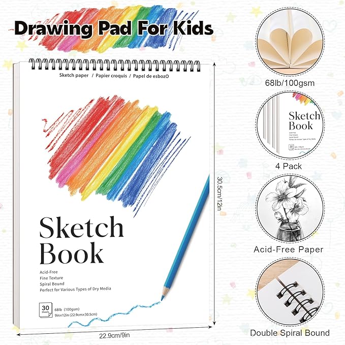 4 Pack Sketch Book, 9 x 12 Inch Sketchbook, 68lb/100gsm Spiral Bound Sketch Pad, Acid Free Art Supplies Drawing Painting Sketching Paper for Kids, Adults, Beginners, Artists (30 Sheets Each)