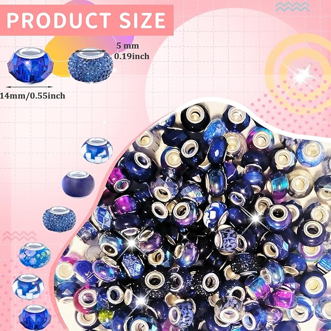 Large Hole Dark Blue European Beads - 100 Assorted Pieces for Pens, Fairy Wand, Garden, Lampwork, Craft, Spacer, DIY Charms, Bracelet, Necklace, Earring, Jewelry Making