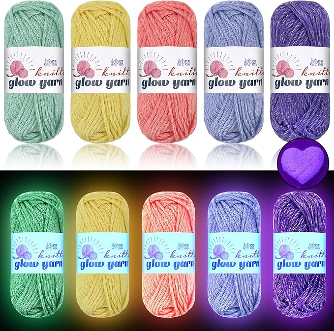 WILLBOND 5 Rolls Glow in The Dark Yarn Luminous Crochet Yarn for Crocheting DIY Knitting Glow Fingering Sewing Supplies for Halloween Arts Crafts Sewing Party, 54.7 yd Per Roll (Cute Colors)