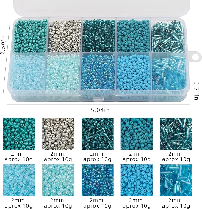 Approx 5000pcs 12/0 Glass Seed Beads for Jewelry Making, 2mm Mix 10 Colors Tube Beads Glass Bugle Beads Waist Beads Kit for Bracelets Necklaces Earrings DIY Supplies (Lake Blue)