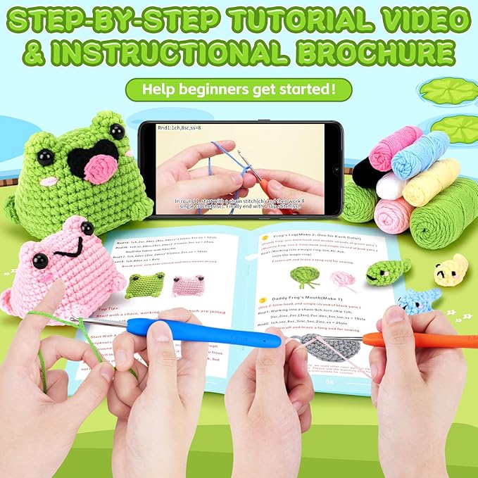 Crochet Kit for Beginners - Frog Family Crochet Kits with Step-by-Step Video Tutorials, Beginner Crochet Kit for Adults, 2 PCS Frogs and 3 PCS Tadpoles Crocheting Set