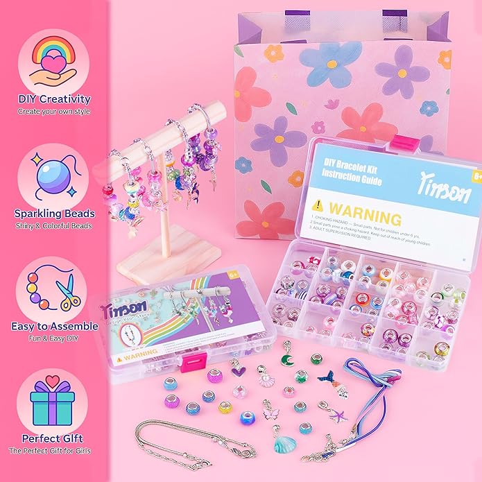 Beads Jewelry Making Kit – Charm Bracelet & Necklace DIY Set with Pearl, Shell & Pony Beads, Creative Arts and Crafts Gift for Birthday