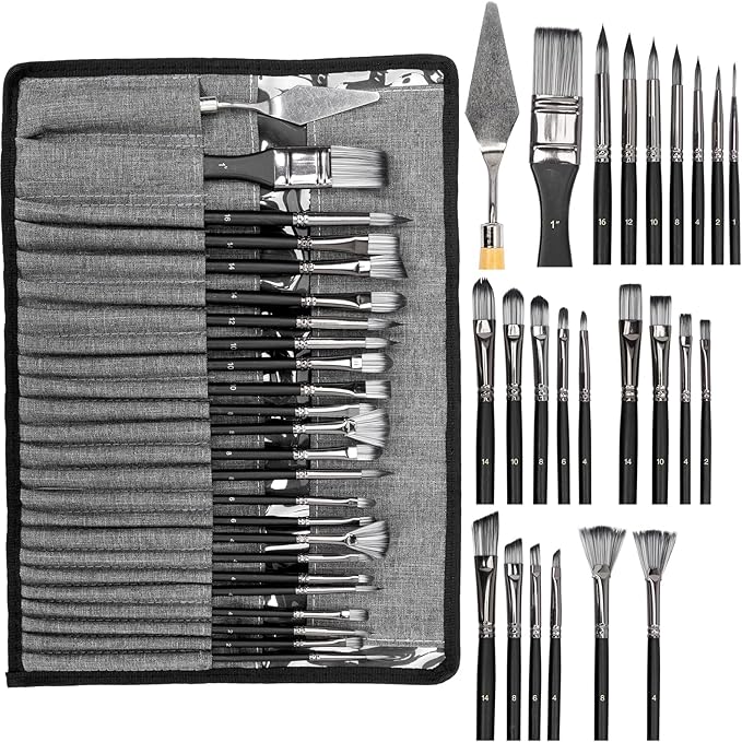25PCS H&B Paint Brush Set, Travel Watercolor Acrylic Painting Brushes with Canvas Roll & Palette Knife, Professional Artist Brush Kit for Oil, Acrylic Canvas Paintings(Black)