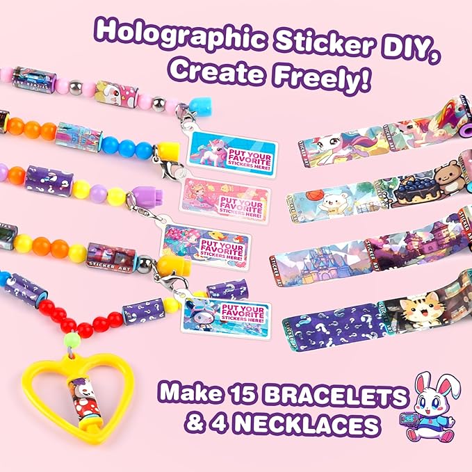 plunack diy bracelet sticker with book, includes 480pcs wearable & shareable stickers, kids beading set bracelet necklace making kits for ages 5 6 7 8 years old girls (480 stickers+collection book)