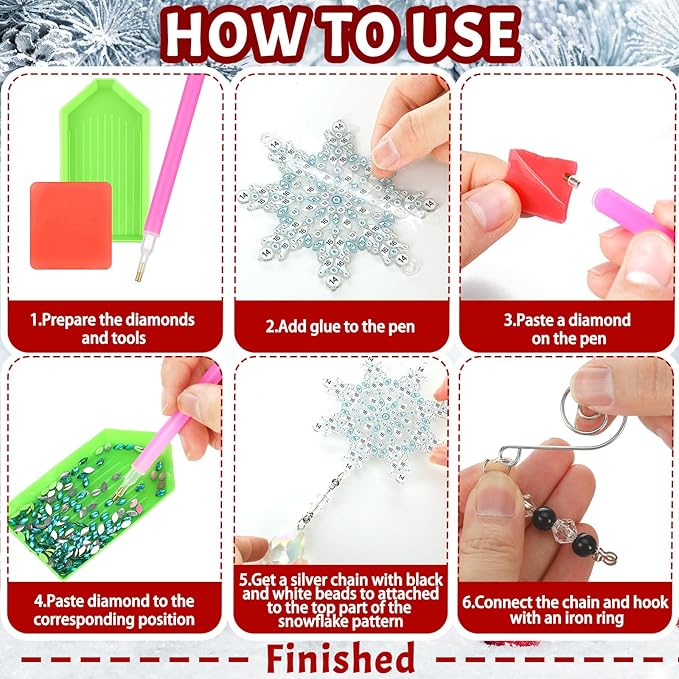 Uiifan 8 Pcs Winter Snowflake Diamond Art Kits 5d DIY Point Drill Painting Wind Crystal Wind Chimes Diamond Kit Double Sided Snowflake Ornaments with Crystal Pendant for Home Garden Hanging Decor