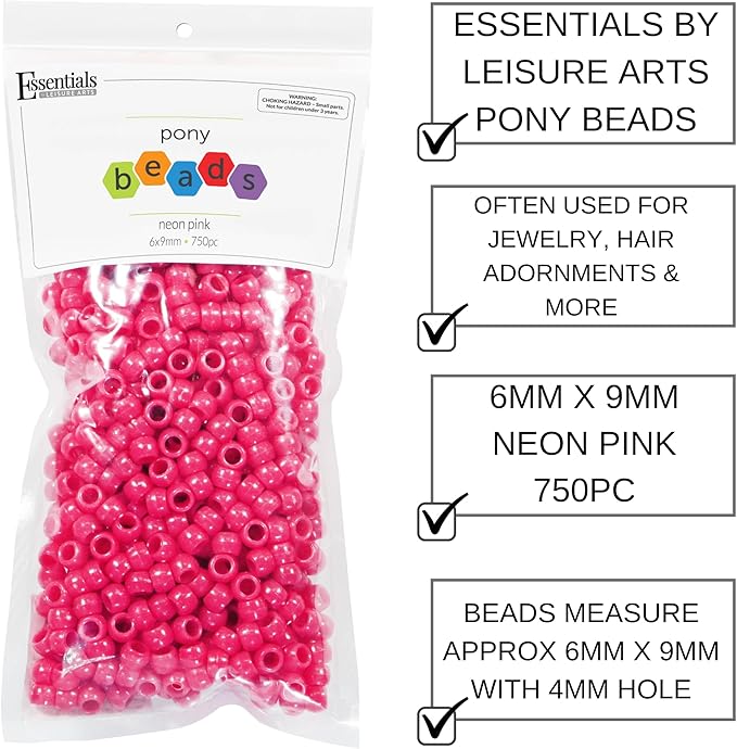 Pony Beads, 6x9mm, Neon Pink, 750pc – Bracelet Making Kit for Jewelry and Kandi Crafts – Bulk Craft Beads for Friendship Bracelets and DIY Projects