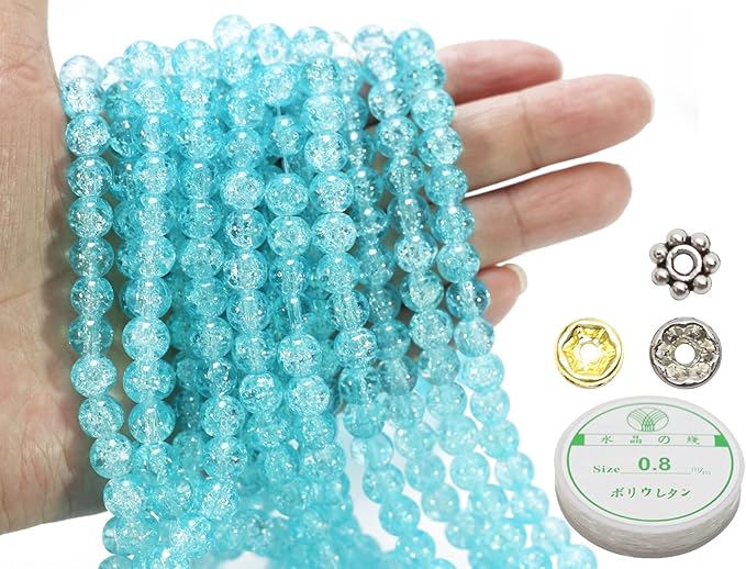 450pcs Lake Blue Crackle Glass Beads Handcrafted Round Lampwork Smooth Loose Beads for Bracelet & DIY Jewelry Making 8mm
