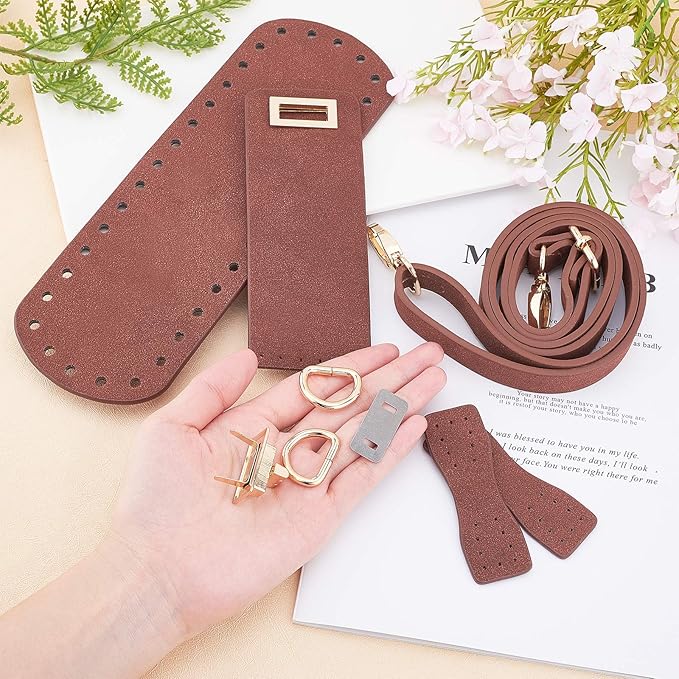 PandaHall DIY PU Leather Bag Knitting Set, Leather Bag Bottom/26 inch Shoulder Strap/Bags Twist Lock/Flap Cover/Bag Buckles for Crochet Handbag Tote Shoulder Bags, Brown(7 Kinds of Accessories)