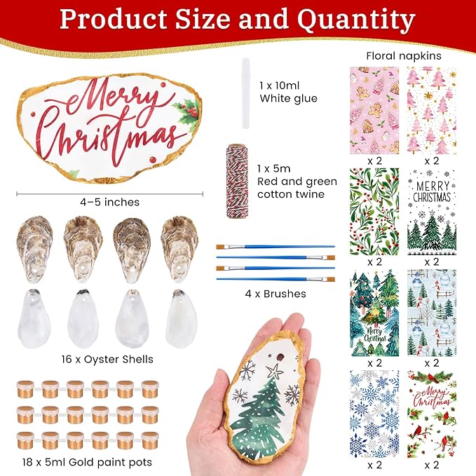 APUDWN 16 Set Oyster Shells for Crafts 4-5 Inch Christmas Pre-Drilled Oyster Shells Crafts Kits with Decoupage Paper Napkin Glue Paint Twine and Brushes for Xmas Decor DIY Arts Seashells Ornaments