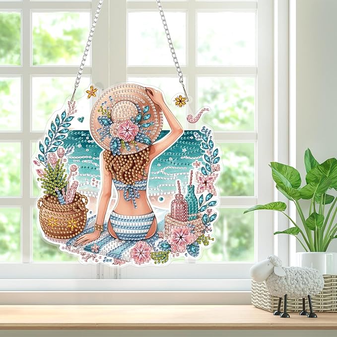 Bowetile Summer Diamond Art Hanging Kits for Adults, Diamond Art Suncatchers Beach Vacation, 5D Special Shape Diamond Painting Pendant Window Ornament Gifts for Home Wall Door Garden Decor