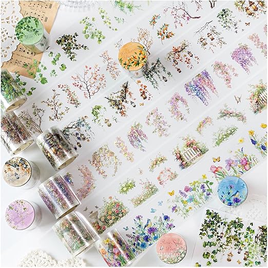 Holographic Garden Plant PET Tape Stickers for Journaling and Scrapbooking, 6 Rolls Precut Flower Branch Vines Decorative Tapes for Junk Journal Supplies, Bujo, Planners, DIY Crafts