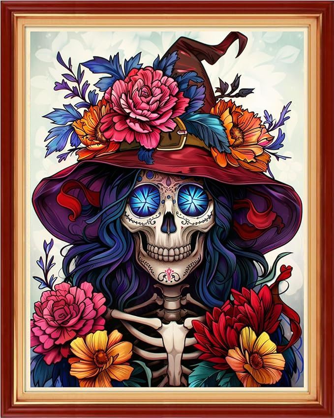 foxhool stamped cross stitch kits,11ct printed cross stitch pattern full embroidery kits for beginner needlepoint kits-skeleton flowers 16x20 inch