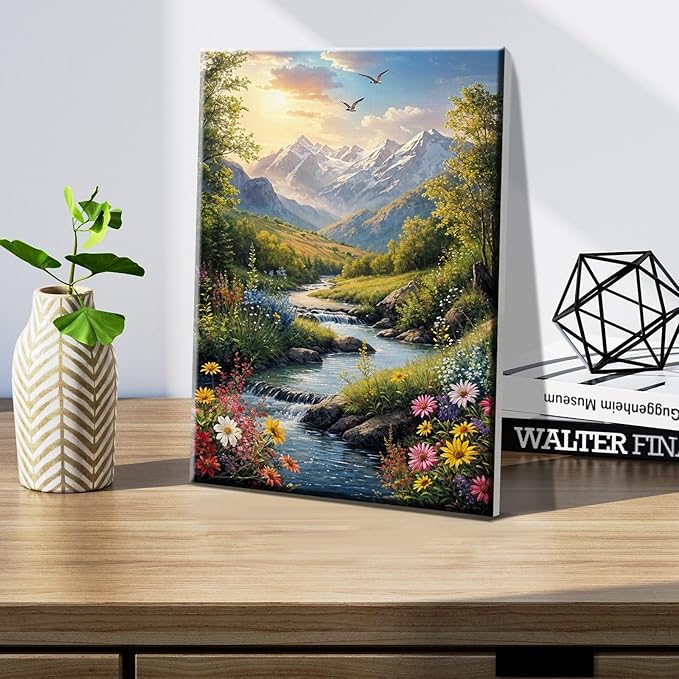 JOOZ Mountain Paint by Numbers for Adults with Easel Landscape Sunsets Paint by Numbers for Adults Beginners with Frame on Canvas，DIY Oil Painting on Acrylic for Home Wall Art Decor 7.87x11.81 Inch