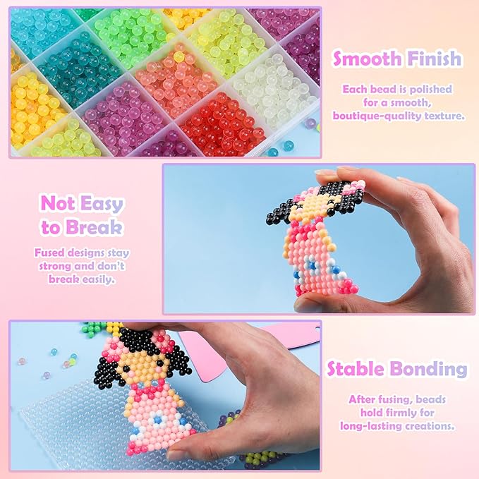 9000 pcs non-iron fuse beads kit, 72 colors, 5mm spray-activated beads with pegboards & accessories for kids diy crafts and art gifts