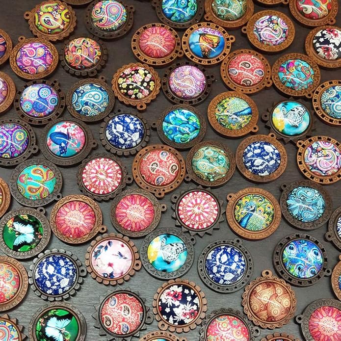 DAHI 36pcs Brown Wood Bezel Round Wooden Pendants Trays Bezels 9 Styles Bezels Pendant Trays with Cabochon Pendant for DIY Photo Jewelry Making Crafts