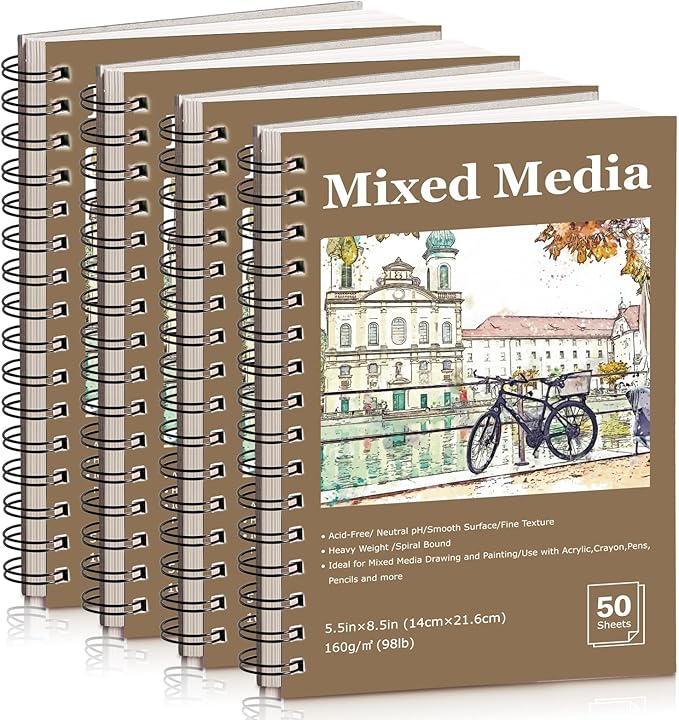 4 Pack Mixed Media Sketchbook, 5.5x8.5 inches Drawing Paper Sketch Book, 98lb/160gsm Heavyweight Spiral Bound Sketch Pads, Suitable for Artist, Drawing, Painting, Sketching(200 Sheets)