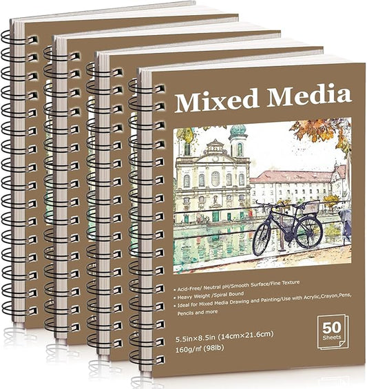 4 Pack Mixed Media Sketchbook, 5.5x8.5 inches Drawing Paper Sketch Book, 98lb/160gsm Heavyweight Spiral Bound Sketch Pads, Suitable for Artist, Drawing, Painting, Sketching(200 Sheets)