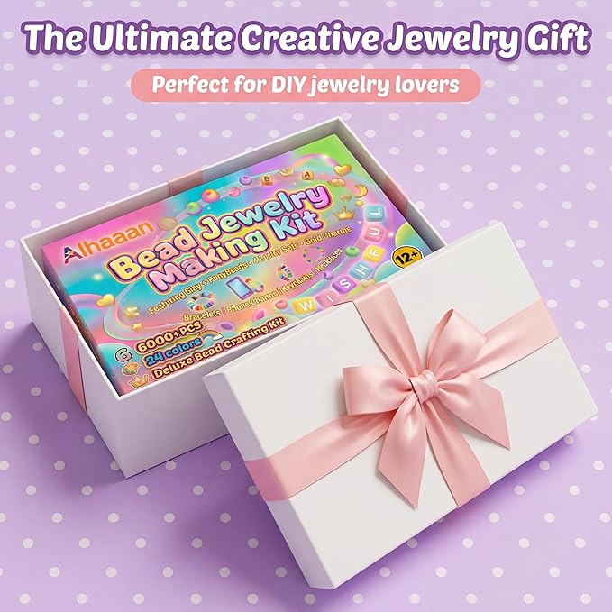 Jewelry Making Kit, 6000 PCS Complete Polymer Clay & Pony Beads Bracelet Kit, 24 Colors, 4 Alphabet Letter Sets & Charms, Organizer Box for DIY Jewelry, Gift for Girls Ages 6–12