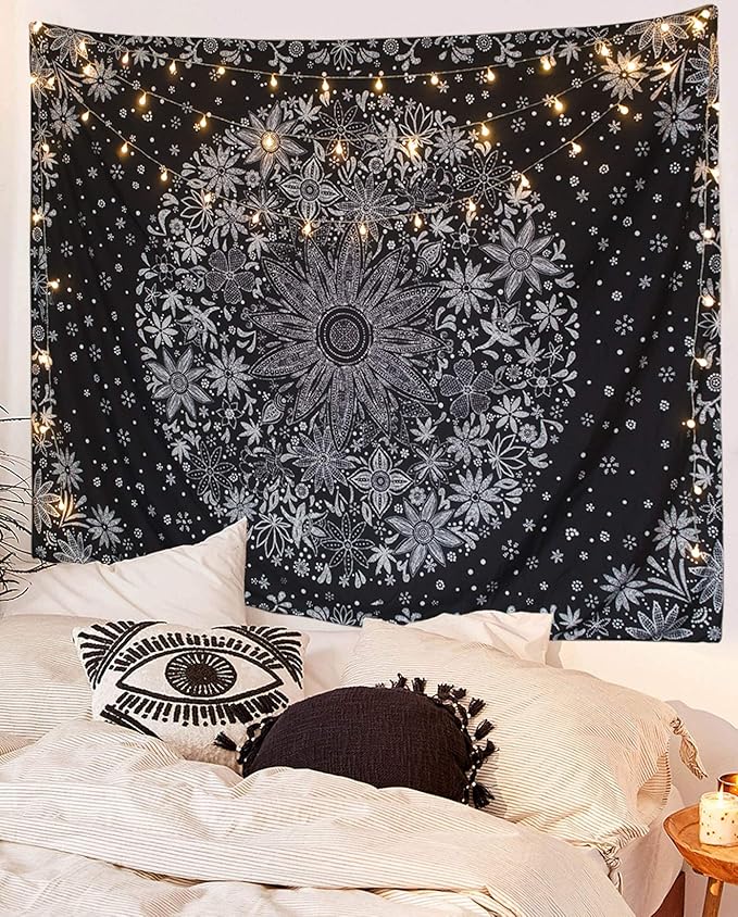 neasow bohemian tapestry wall hanging, black and white floral tapestry with dotted daisy medallion print bedroom boho hippie home decor, 60x80 inches