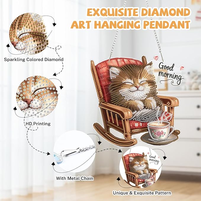 Cat Diamond Art Hanging Kits for Adults, Diamond Art Suncatchers Good Morning Cats, 5D Special Shape Diamond Painting Pendant Window Ornament Gifts for Home Wall Door Garden Decor