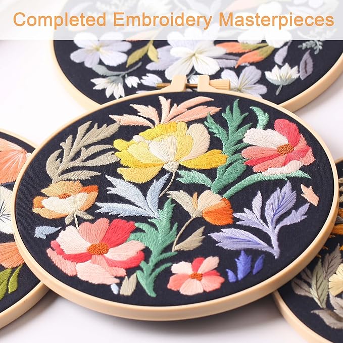 reewisly 4pcs of embroidery starter kit with patterns and instructions, diy beginner adult cross stitch kits, including 2 plastic embroidery rings, 1 scissors, colored threads and needles