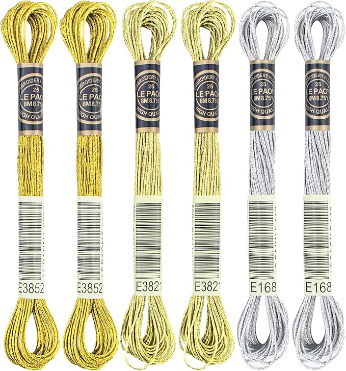 6 Skeins Embroidery Thread, 3 Colors Metallic Embroidery Floss Set, Polyester Cross-Stitch Threads for Hand Embroidery, String Art