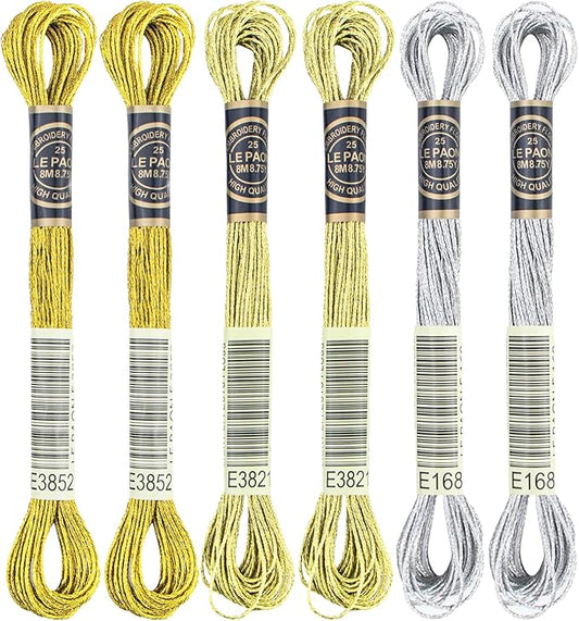 6 Skeins Embroidery Thread, 3 Colors Metallic Embroidery Floss Set, Polyester Cross-Stitch Threads for Hand Embroidery, String Art