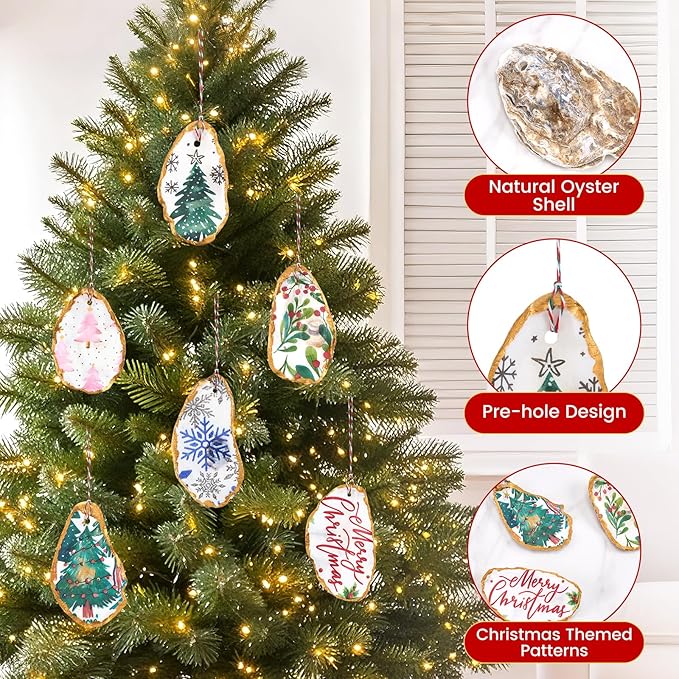 APUDWN 16 Set Oyster Shells for Crafts 4-5 Inch Christmas Pre-Drilled Oyster Shells Crafts Kits with Decoupage Paper Napkin Glue Paint Twine and Brushes for Xmas Decor DIY Arts Seashells Ornaments