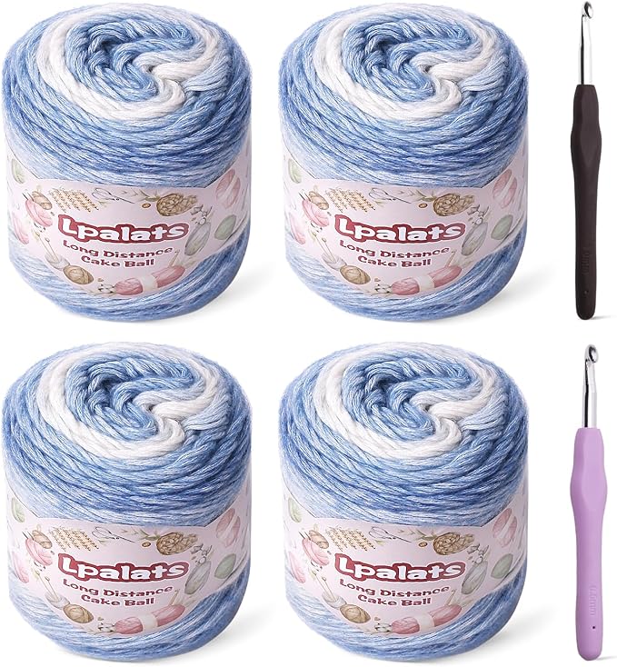 Ombre Yarn for Crocheting - 4x100g Soft 60% Cotton 40% Acrylic Yarn - 962 Yds Gradient Cake Yarns for Knitting Shawls Blankets Sweater with 2 Crochet Hooks (4, Dark Blue Gradient)