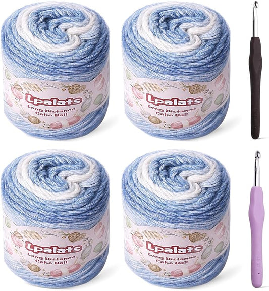 Ombre Yarn for Crocheting - 4x100g Soft 60% Cotton 40% Acrylic Yarn - 962 Yds Gradient Cake Yarns for Knitting Shawls Blankets Sweater with 2 Crochet Hooks (4, Dark Blue Gradient)