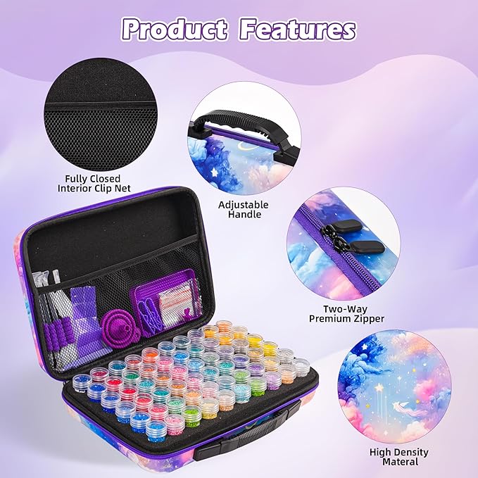60 Slots Diamond Painting Storage Container, Diamond Art Kits for Adults Stackable Bead Organizer with Carrying Handle, Craft Storage Box with Accessories (Celestial Journey-60 Slots)