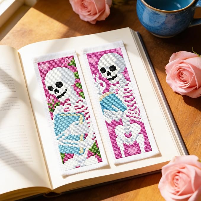 ACRNIGHEET 6PCS Cross Stitch Kits Stamped Cross Stitch Bookmark Kit for Beginner Adults Skull Reading Embroidery Bookmark Kit Needlepoint Kits with Instructions Book Lovers Craft Gift 8.5''x3'' 11CT