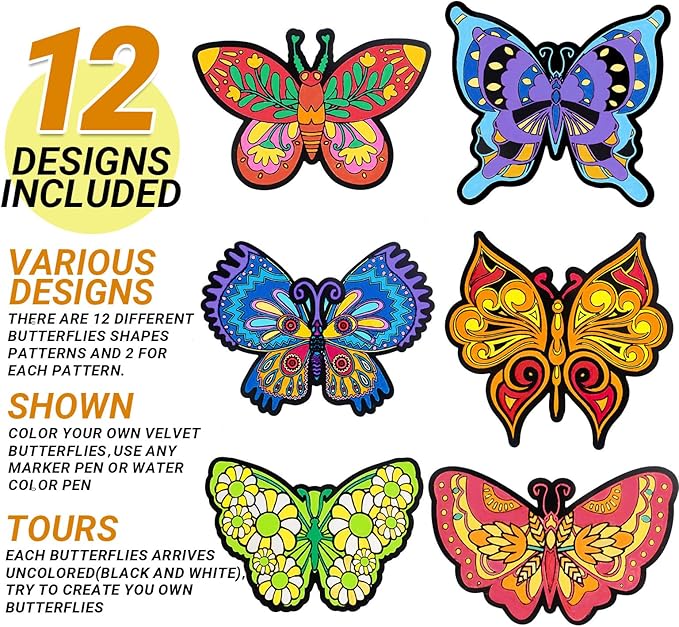 Bosctanuc 24 PCS Butterflies Velvet Coloring Cardstock - No-Mess Fuzzy Art Coloring Kit for Kids & Adults,Stress-Relief Craft Set for Classroom, Mother's Day Handmade Gifts & Spring Party Supplies